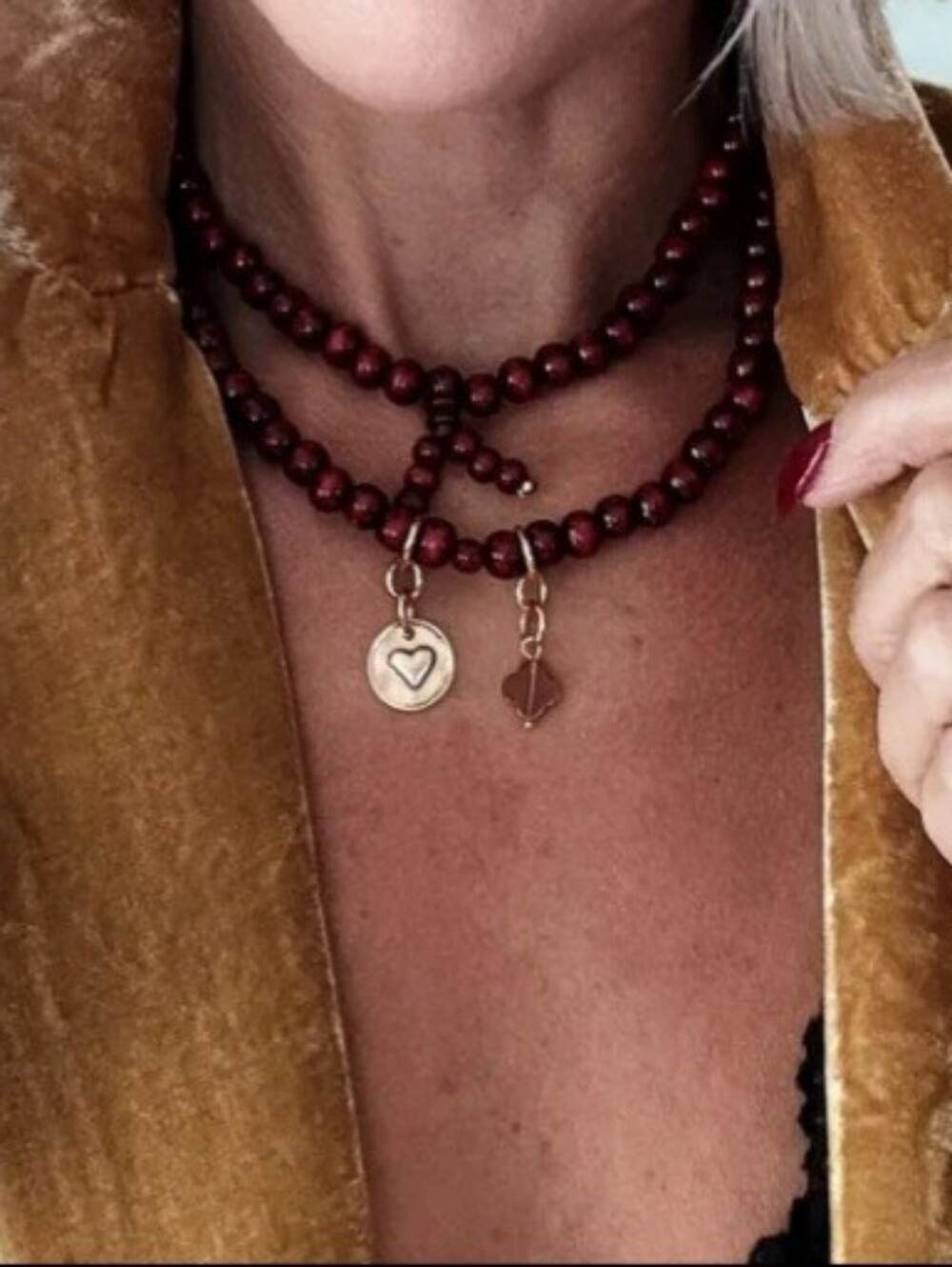 Burgundy Beaded Double-Layer Necklace with Gold Heart Charms